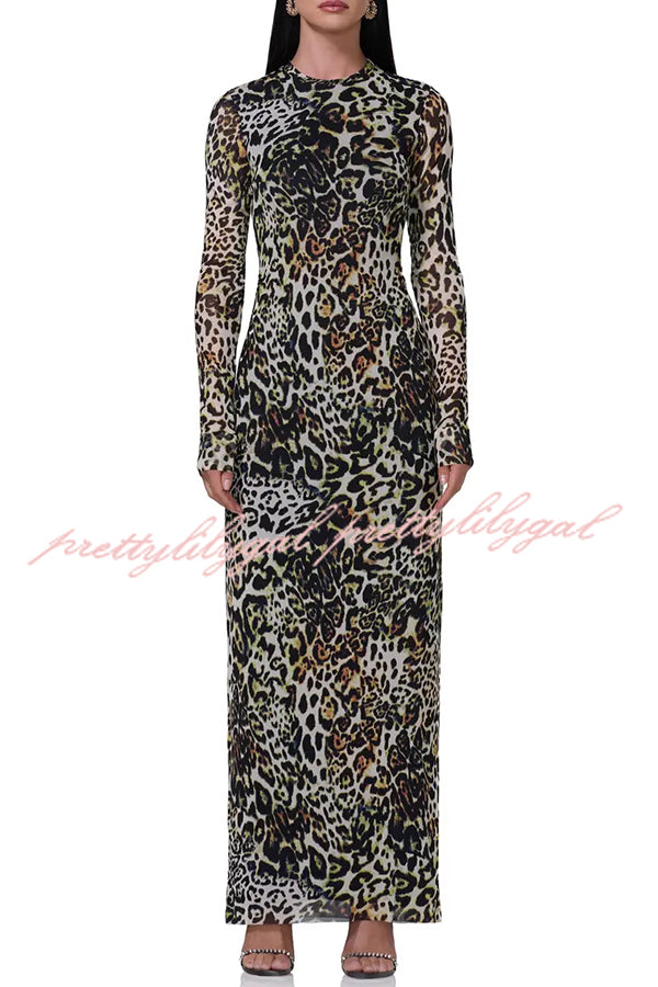 Wild As They Come Mesh Leopard Long Sleeve Stretch Maxi Dress