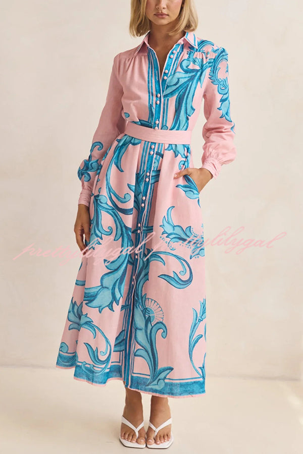 Plant Print Lapel Puff Sleeves Vintage Belt Loose Pocket Maxi Dress