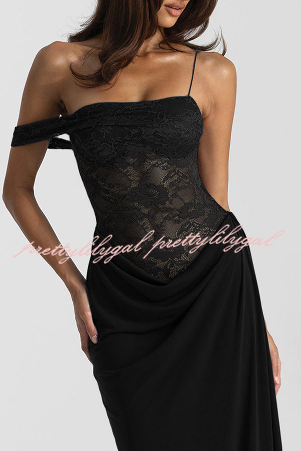 Sexy See-Through Lace Suspender Slim Slit Maxi Dress