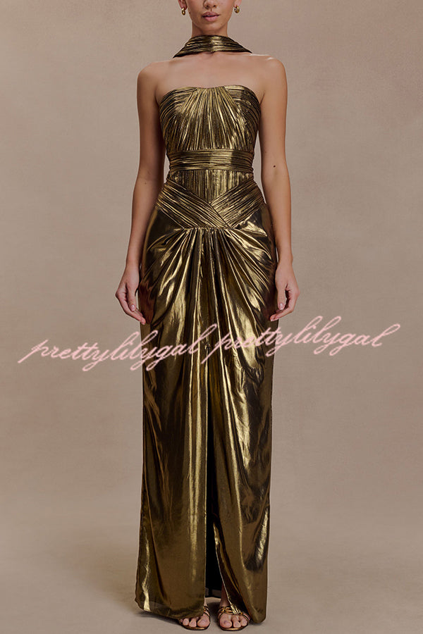 Clemence Plisse Metallic Fabric Reverse Halter Beck Strap Drape Slit Maxi Dress