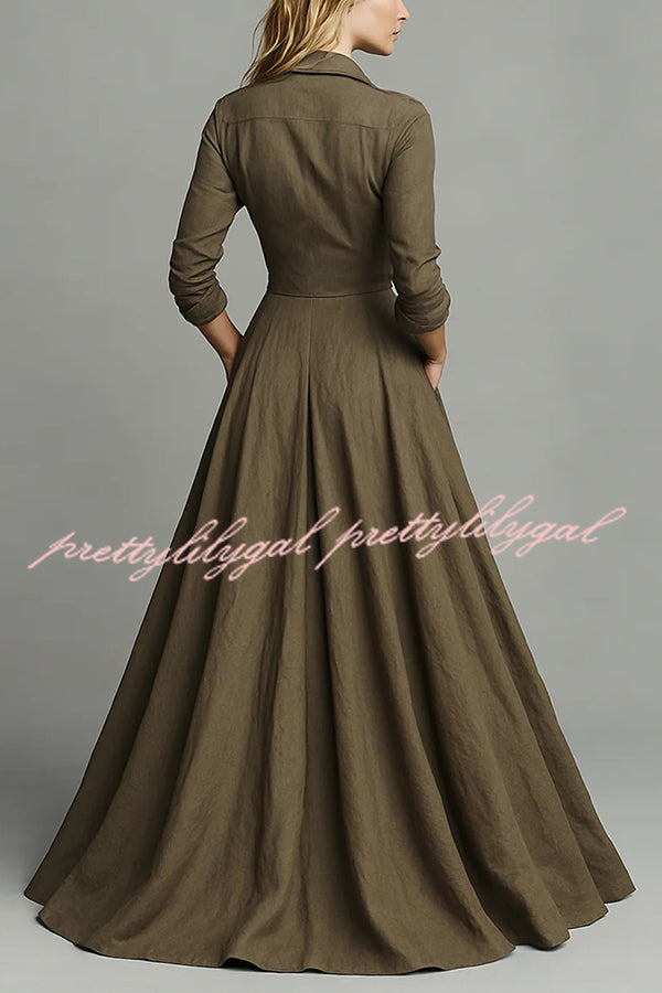 Linen Blend Lapel Pocket Single-breasted Shirt-style Casual Maxi Dress