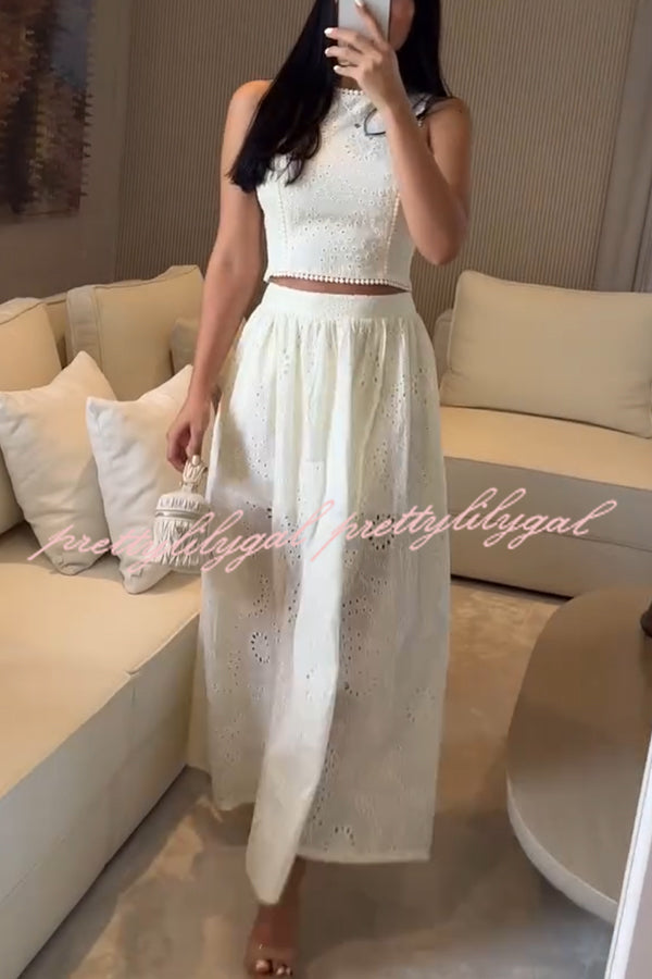 Kaya Embroidery Hollow Lace Back Smocked Tank and Elastic Waist A-line Maxi Skirt Set