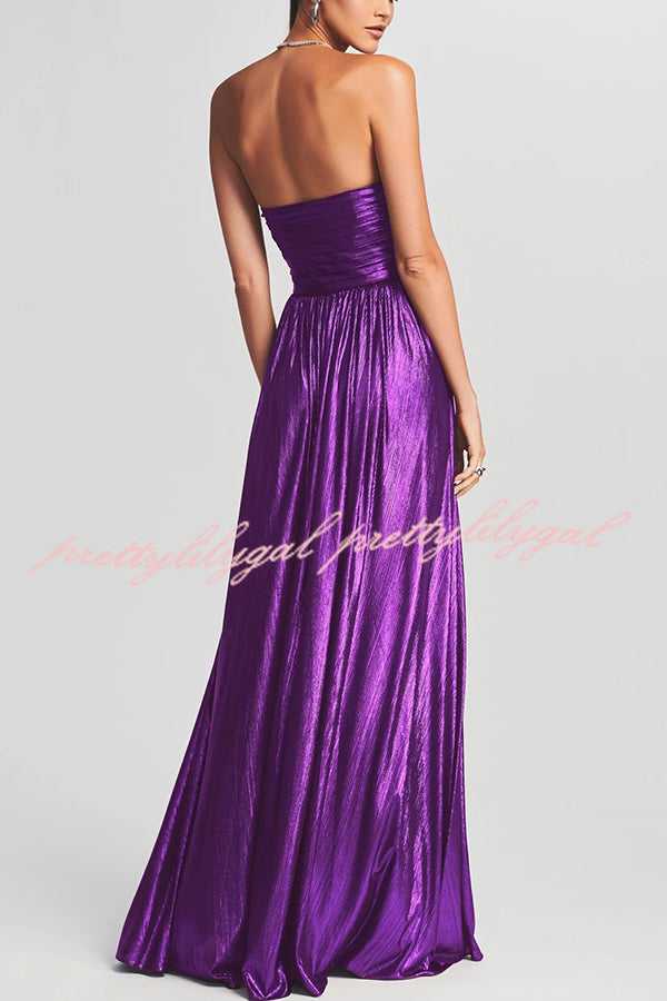 Goddess Temperament Metallic Pleated Fabric Off Shoulder Slit Maxi Dress