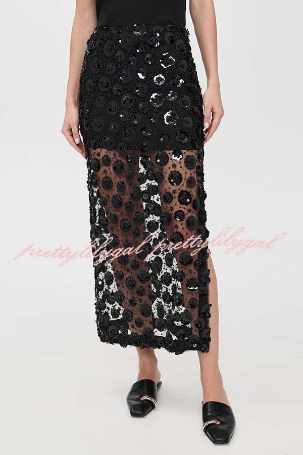 Gorgeous Flower Embellished Sequin Sheer High Rise Slit Midi Skirt