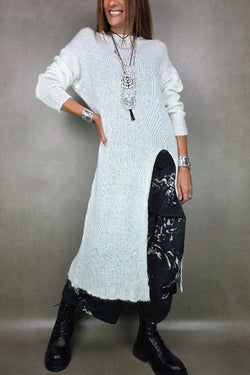 Solid Color Knitted Long-sleeved Casual Slit Midi Dress