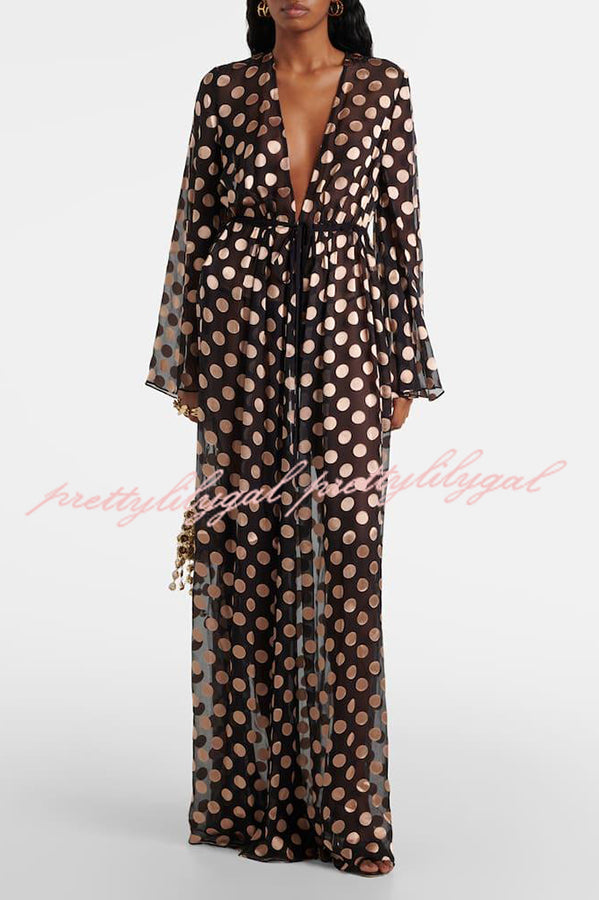 Elevate Beach Style Polka Dot Print Drawstring Waist Cover-up Maxi Dress