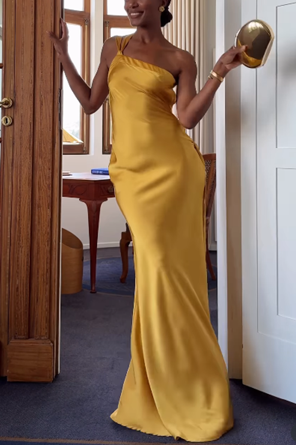 Moonlit Soiree Satin Asymmetrical One Shoulder Backless Strap Maxi Dress