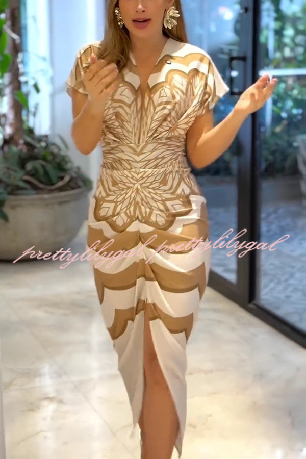 Feona Satin Unique Print V-neck Wide Sleeve Ruched Waist Slit Midi Dress