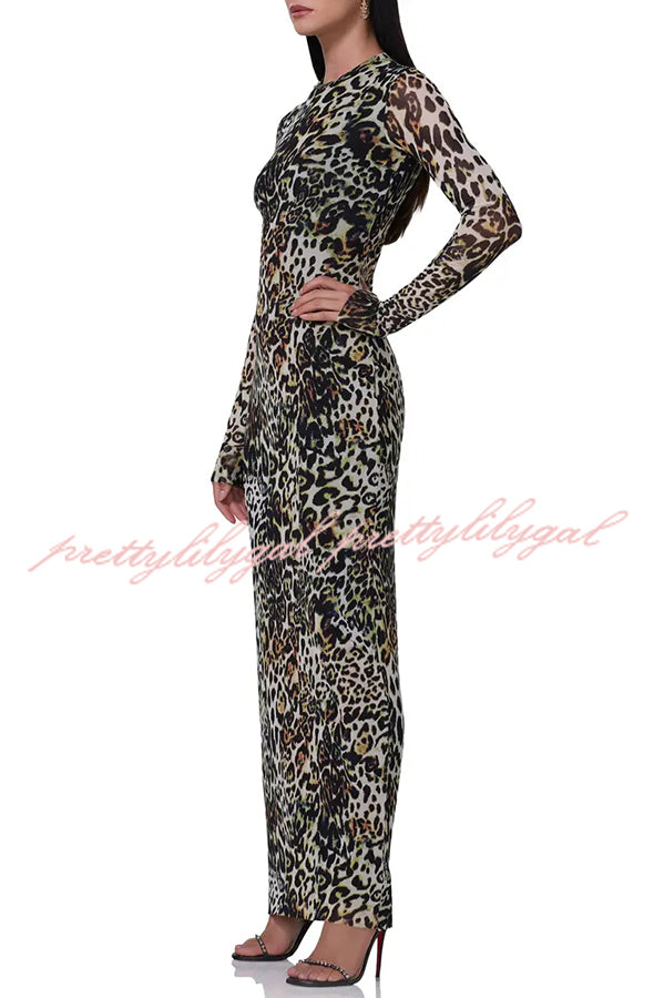 Wild As They Come Mesh Leopard Long Sleeve Stretch Maxi Dress