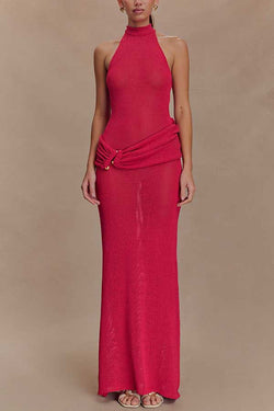 Quiet Confidence Knit Ruched Hip Halter Backless Stretch Maxi Dress