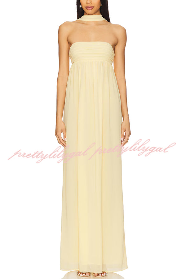 Butter Yellow Ruched Bust Off Shoulder Scarf A-line Maxi Dress