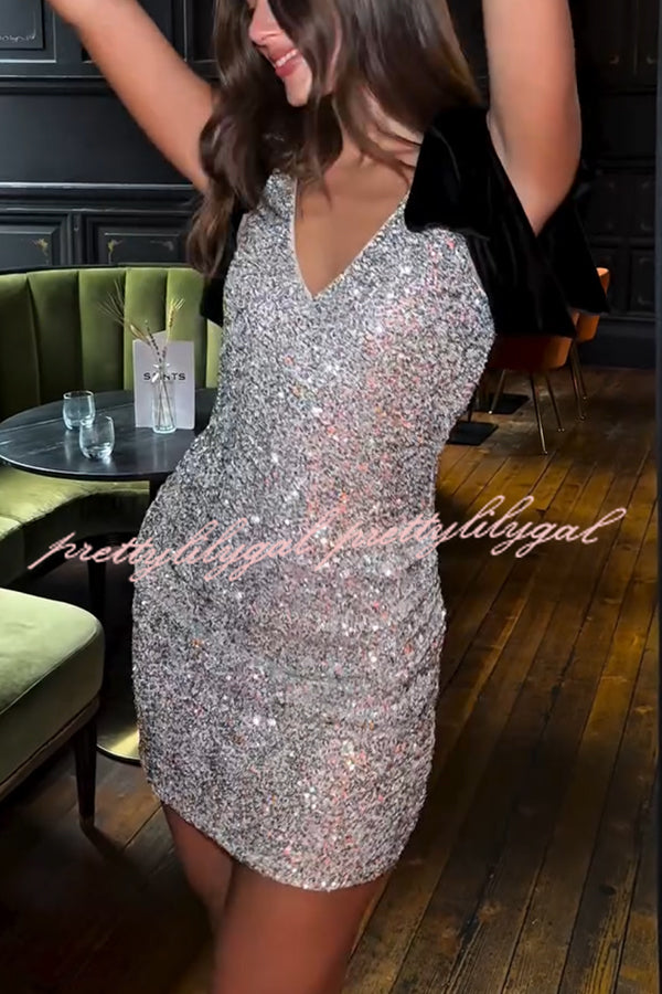 Sparkle and Elegance Sequin Velvet Bow Strap Detail V-neck Mini Dress