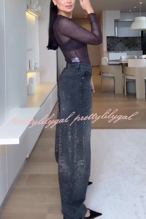 Fashion Star Rhinestone High Rise Casual Pocket Straight Loose Jeans