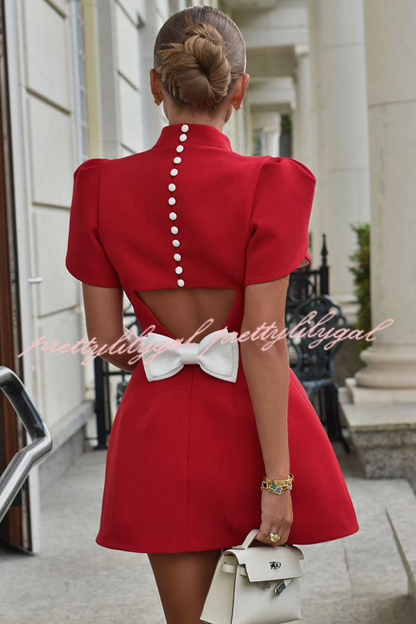 Sweet Moment Slit Short Sleeve Backless Removable Satin Bow Mini Dress