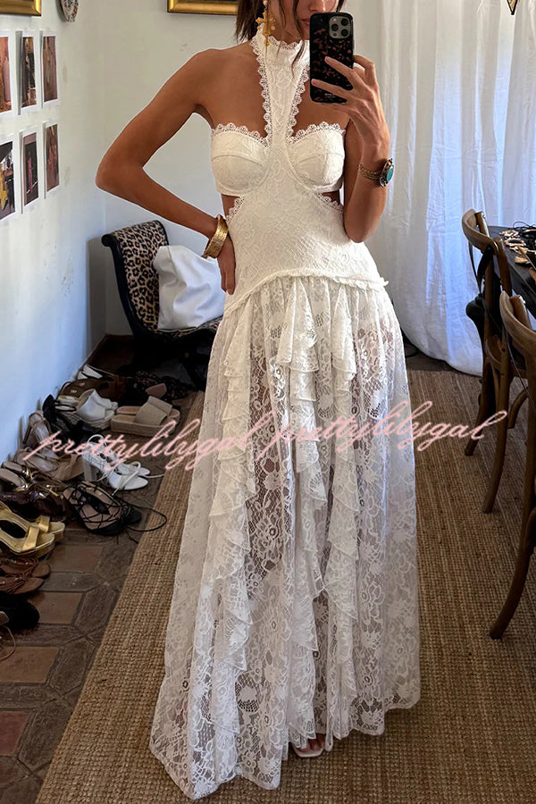 A Girls' Trip Lace High Neck Cutout Drop Waist Ruffles Maxi Dress
