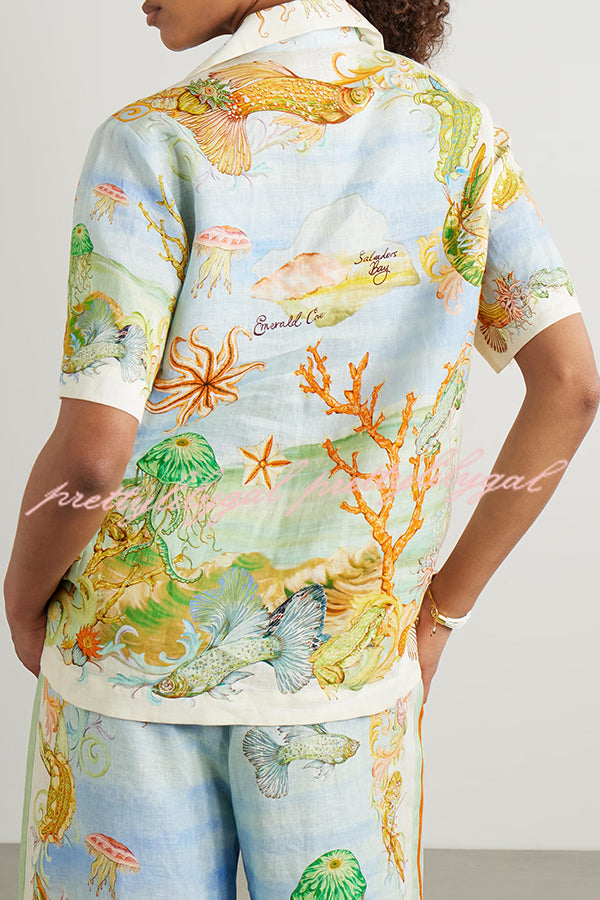 Unique Printed Lapel Short Sleeve Loose Shirt and Elastic Waist Casual Pocket Vacation Pants Set