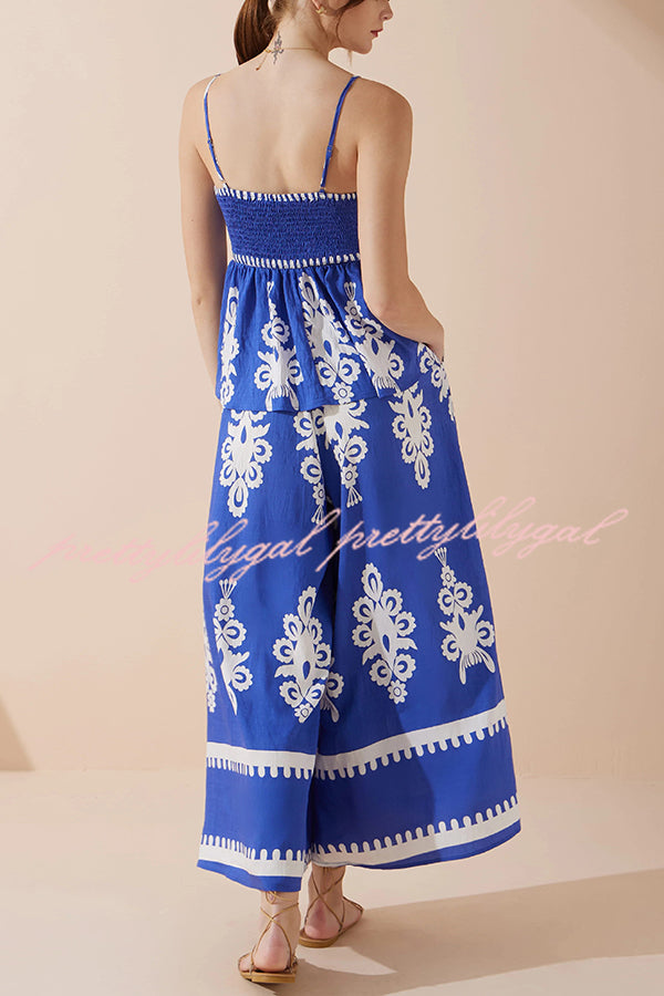 Unique Ethnic Print Suspender Pleated Top and Elastic Waist Loose Wide-leg Pants Set