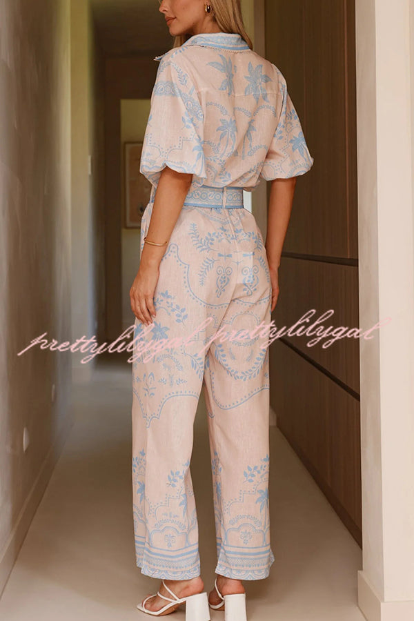 Linen Blend Lapel Puff Sleeve Loose Shirt and Casual Pocket Straight Pants Set