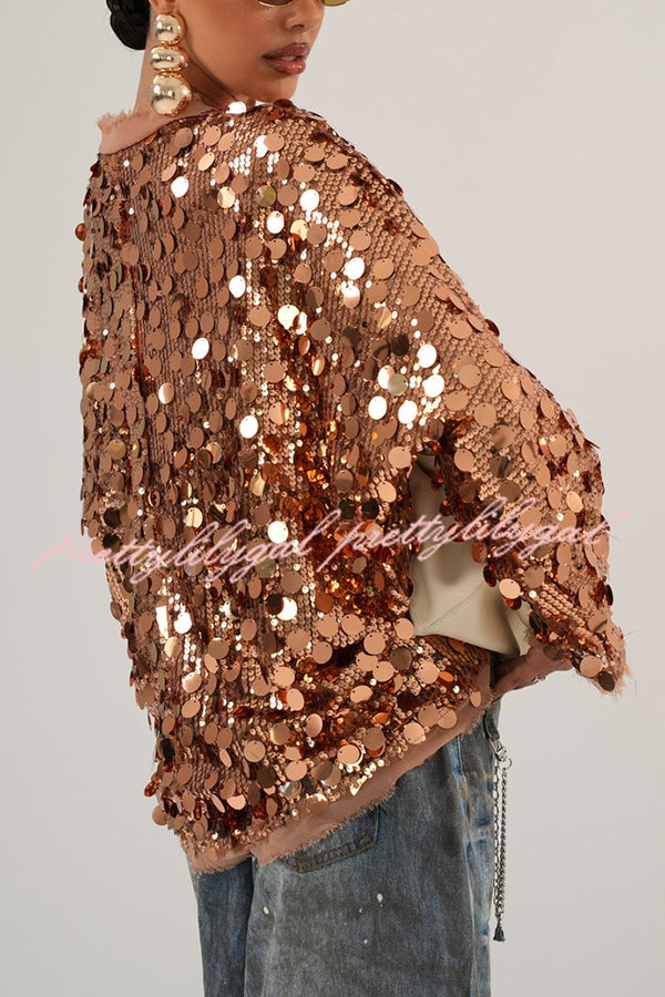 Fashion Sequined Long-sleeved V-neck Loose Lace-up Cardigan