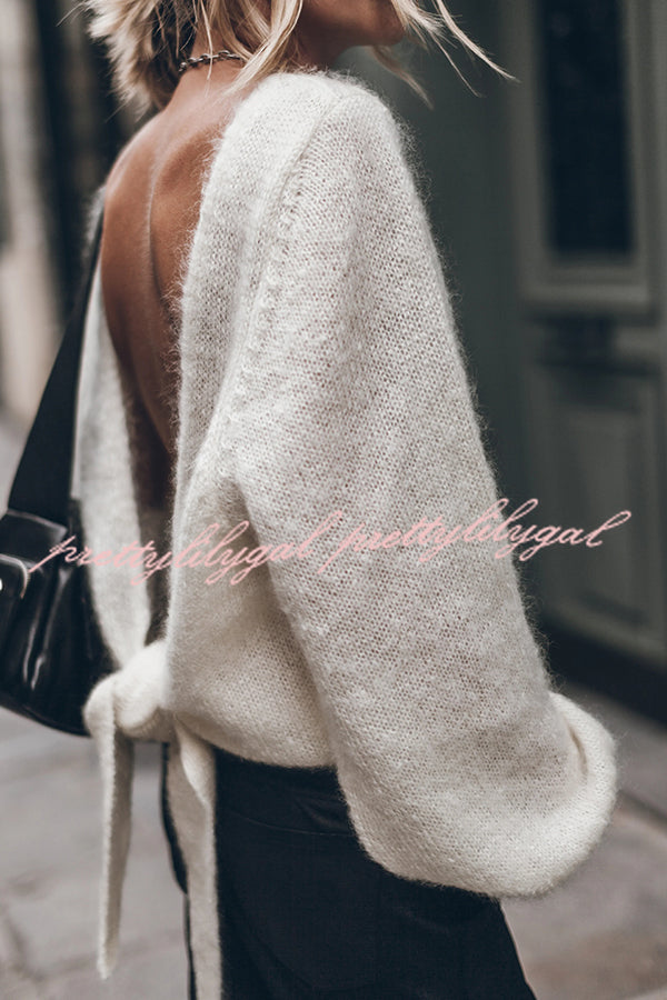 Chunky Season Knit Mohair-blend Long Sleeve Open Back Knot Design Loose Sweater