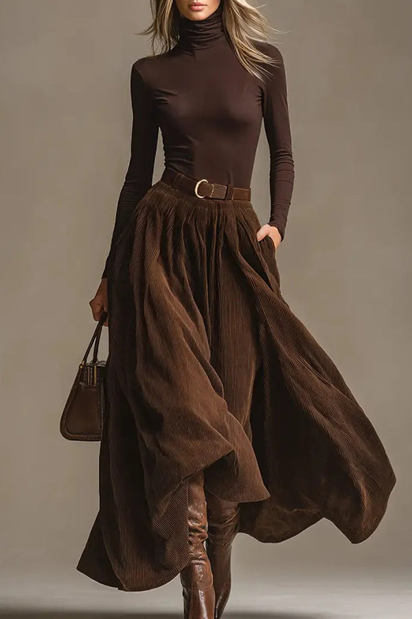 Stylish High-neck Long-sleeved Fitted Top and Casual Elastic Waist Pocket Maxi Skirt Set