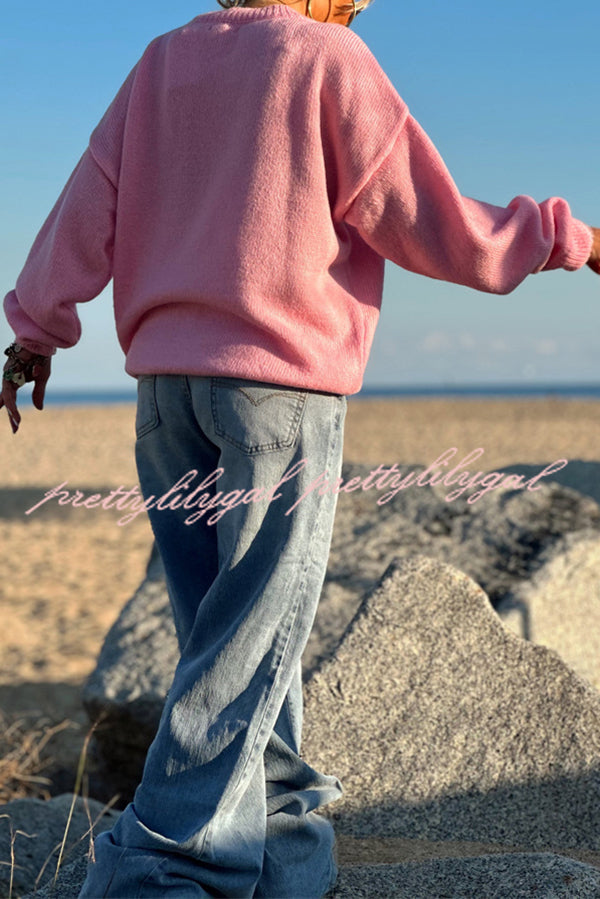 Letter Pattern Crew Neck Long Sleeve Loose Knit Sweater