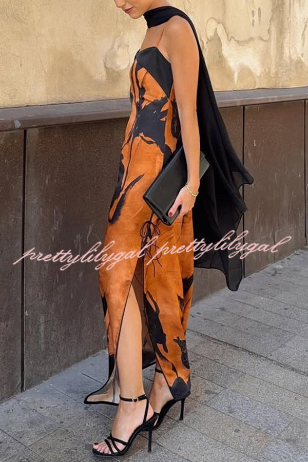 Elegant Satin Flowers Print Black Piping Detail Slit Scarf Maxi Dress