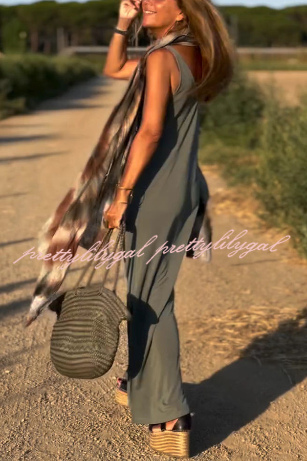Solid Color V-neck Sleeveless Casual Loose Maxi Dress