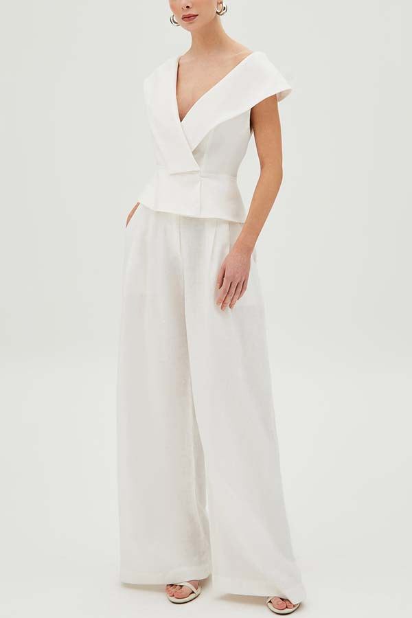 Velena Linen Blend Button Up Lapel Top and High Rise Pocket Wide Leg Pants Set