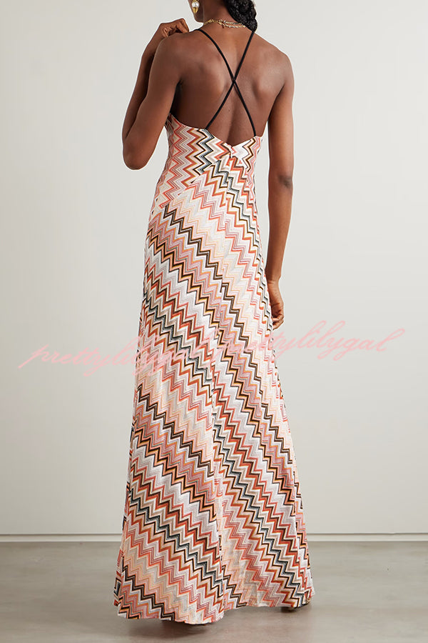 Colorful Zigzag Pattern Elegant Sling Backless Maxi Dress