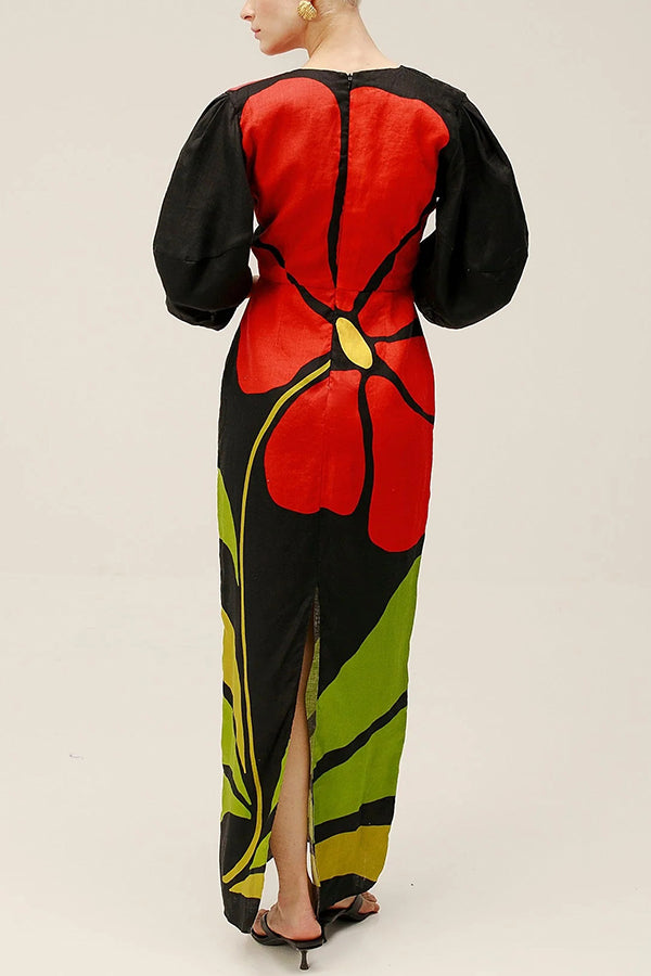 Kaya Linen Blend Color Block Print Front Cutout Knot Puff Sleeve Maxi Dress