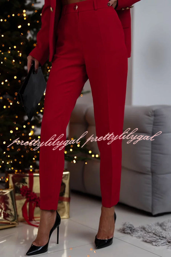 Time To Charm Lapel Button Pocket Long Sleeve Blazer Elastic Waist Pants Suit