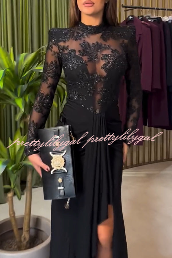 Fenna Sheer Floral Sequin Shoulder Pads Long Sleeve Drape Slit Maxi Dress