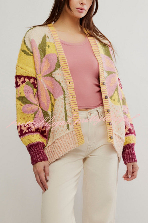 Floral Pattern Loose Long-sleeved Knitted Cardigan