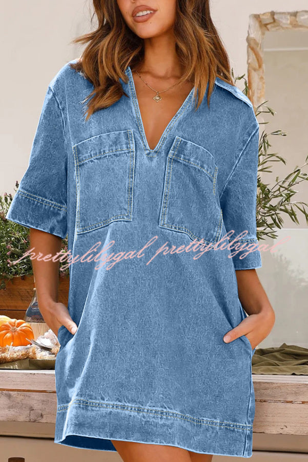 Tara V Neck Pocket Half Sleeve Denim Mini Dress