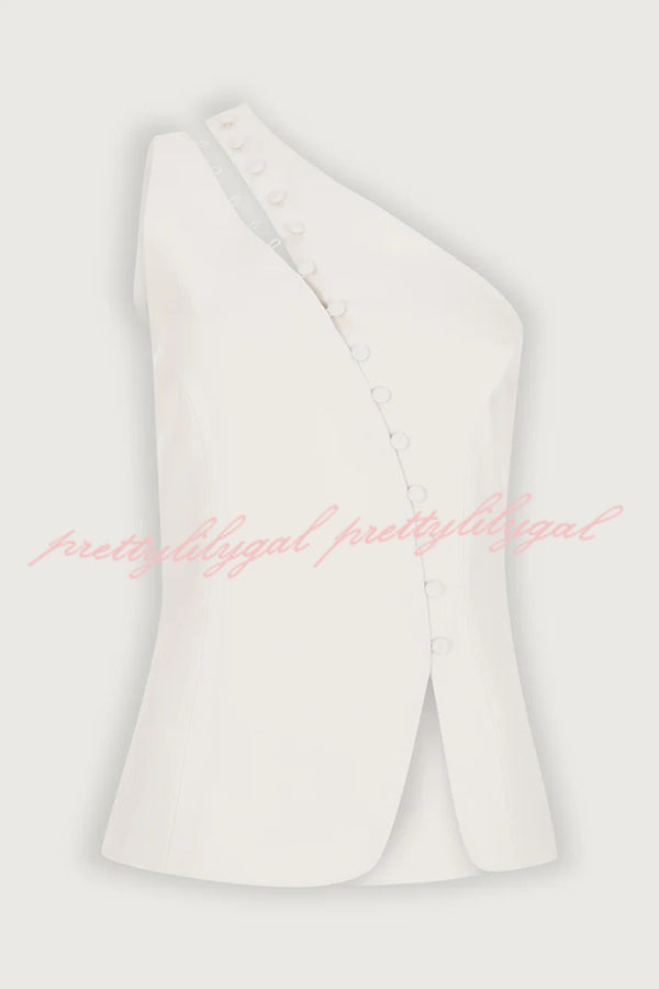 Full of Design Solid Color One Shoulder Asymmetric Slit Button Casual Vest