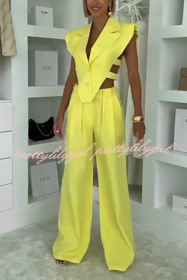 Fashion Style Lapel Waist-baring Irregular Vest and  Elastic Waist Pocket Loose Pants Set