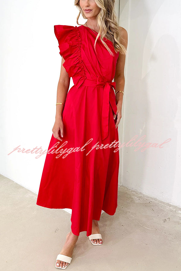 Solid One Shoulder Ruffled Sleeves Tie Waist Maxi Dress