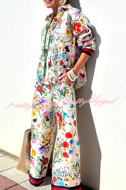 Fabulous Fiesta Satin Floral Unique Print Elastic Waist Pocketed Wide Leg Pants