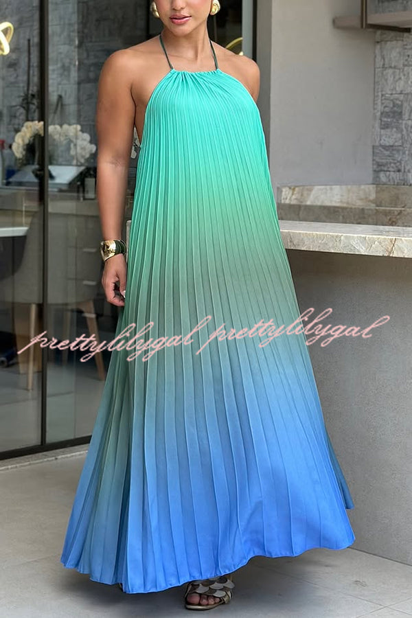 Sea goddess Gradient Print Pleated Halter Backless A-line Maxi Dress