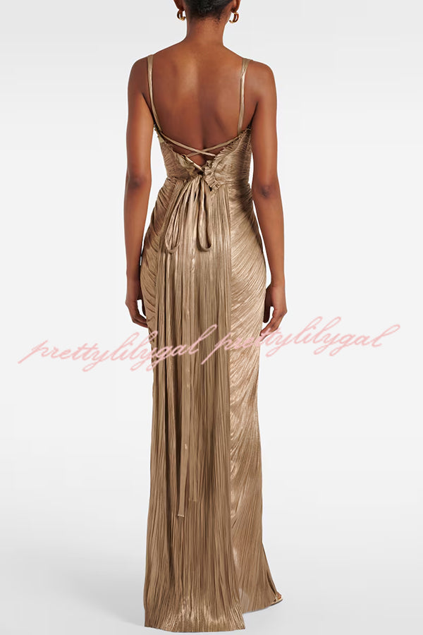Vegas Queen Metallic Pleated Sculpted Bodice Back Lace-up Drape Maxi Dress
