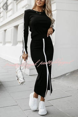 Stylish Paneled Long Sleeve Crew Neck Top and Elastic Waist Slit Midi Skirt Set