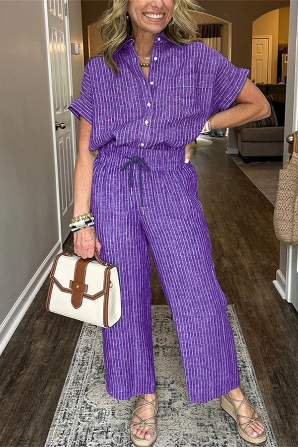 Fashion Striped Print Lapel Short-sleeved Shirt and Elastic Waist Pocket Casual Pants Set