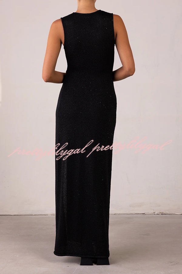 Beautiful Figure Shiny Knit Fabric Cutout Side Slit Stretch Vacation Maxi Dress