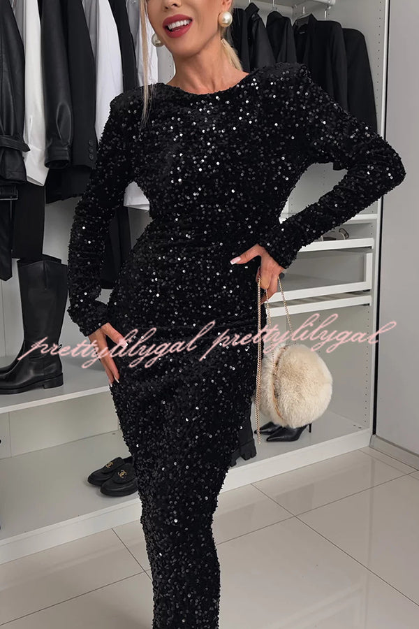 My Space Velvet Sequin Long Sleeve Open Back Bow Detail Stretch Maxi Dress