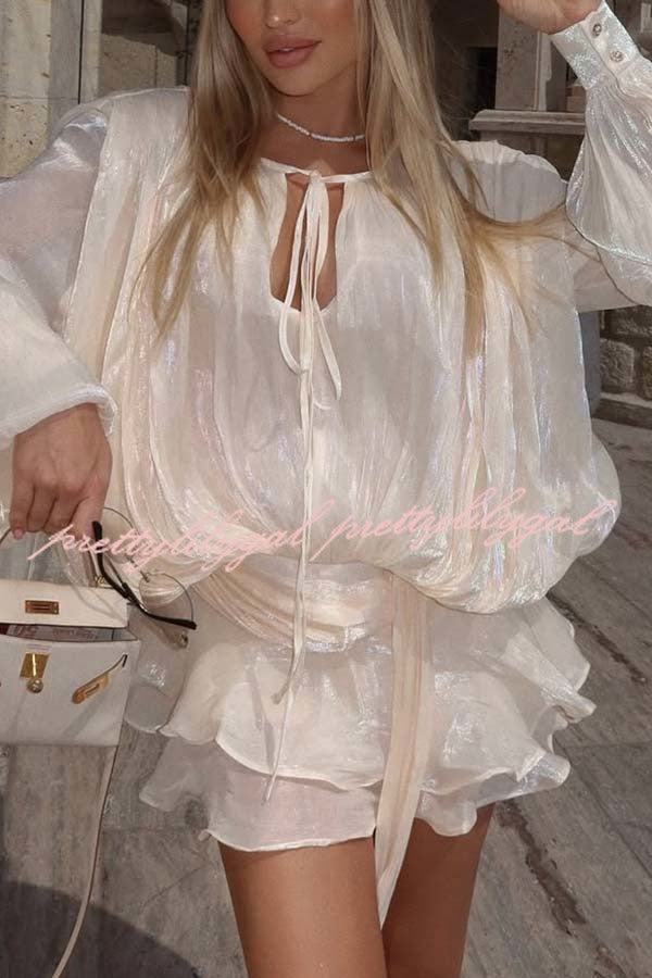 Ninah Glitter Fabric Pleated Balloon Sleeve Tiered Ruffle Hem Mini Dress