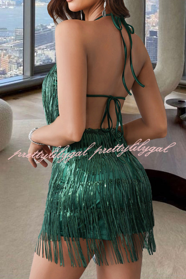 Shiny Sexy Halterneck Backless Lace-up Fringed Sequin Rompers