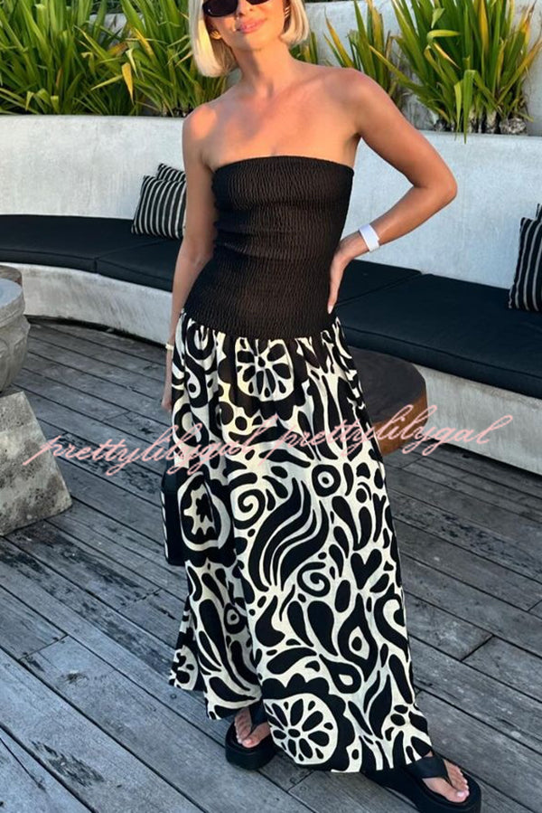 Gina Contrast Color Unique Print Strapless Stretch Maxi Dress