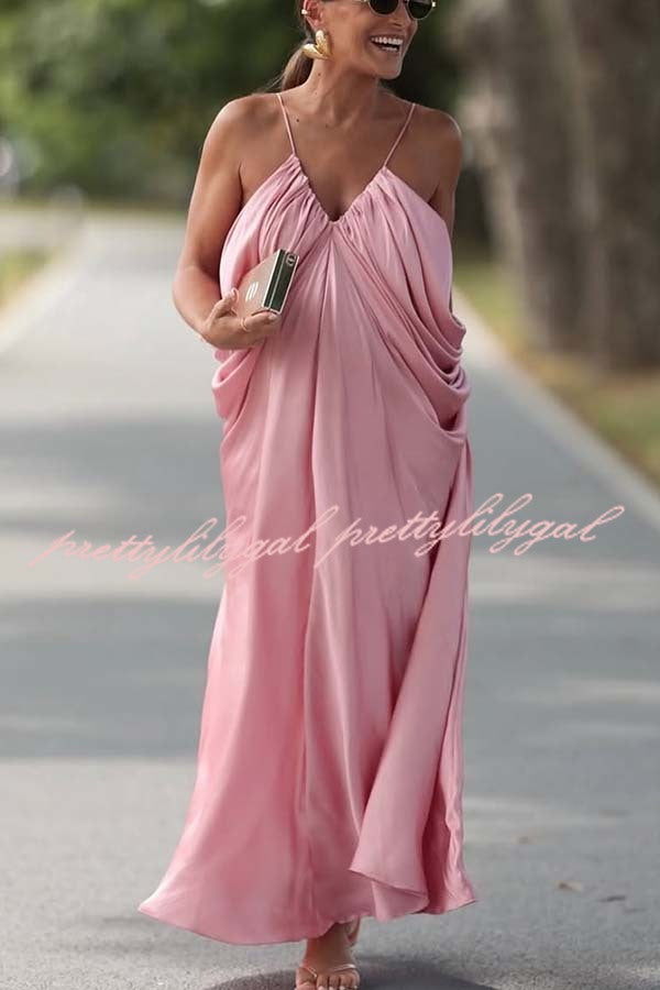 Venus Satin V-neck Draped Pleated Slip Loose Maxi Dress