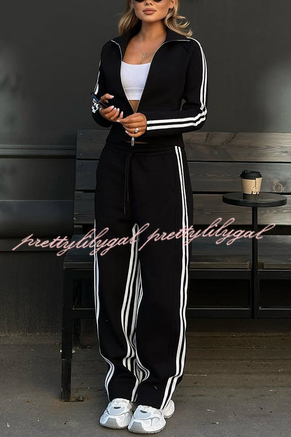 Fashionable Sports Style Striped Long-sleeved Jacket and Elastic Waist Casual Pants Set